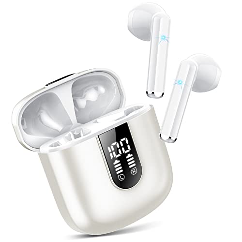Jesebang Auriculares Inalámbricos, 2023 Auriculares Bluetooth 5.3 con HD Micrófono, Cascos Inalambricos Bluetooth con Potentes Altavoces de 13 mm, Sonido Melodioso, LED Pantalla, Blanco Perlado