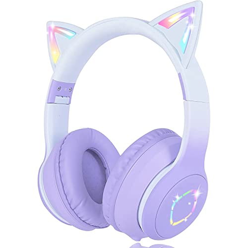 Usoun Auriculares Bluetooth, LED Cascos Bluetooth Inalámbricos, Auriculares Plegable con Orejas de Gato, 85dB Volumen Limitado para niños y Adultos(púrpura)
