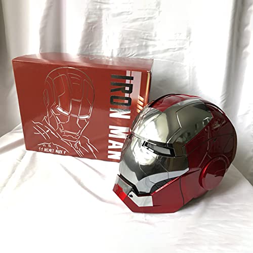 WXHJM 1: 1 El Casco Electrónico Iron Man con Base,Casco Iron Man con Luces Ojos,Puede Usar Máscara Accesorios Película Superhéroe Regalo para Niños,Máscara Apertura y Cierre A