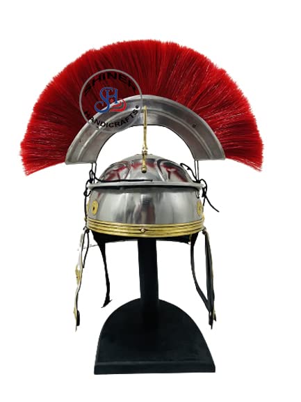 Casco centurión romano con armadura roja de penacho | Soporte de madera para casco de réplica de metal medieval, plata, Talla única