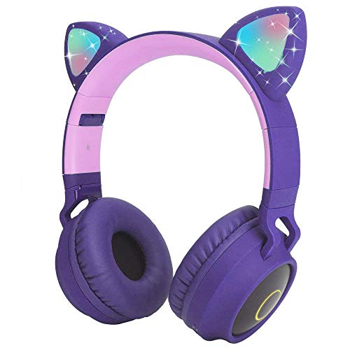 Auriculares Bluetooth para niños, LED Cascos Bluetooth Inalámbricos, Auriculares Plegable para niños con Orejas de Gato, 85dB Volumen Limitado para niños,niñas y Adultos(púrpura)