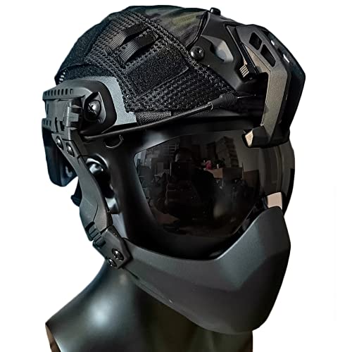 AQzxdc Cascos de Airsoft PJ-Type Fast, con Máscara de Paintball y Visera de 3MM (Gafas), Auriculares Insonorizados, Linterna y Foco, para Juegos de Guerra CS, BBS, Caza, Cosplay,BK a
