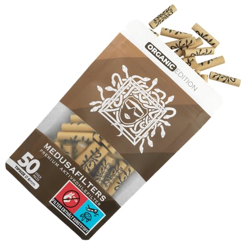 Medusafilters 50 filtros de carb&oacute;n activo premium Slim &Oslash; 6 mm | Tip Size| Organic Edition | con tapas de fibra veganas y c&aacute;scaras de coco activado para fumar m&aacute;s agradable y menos contaminante