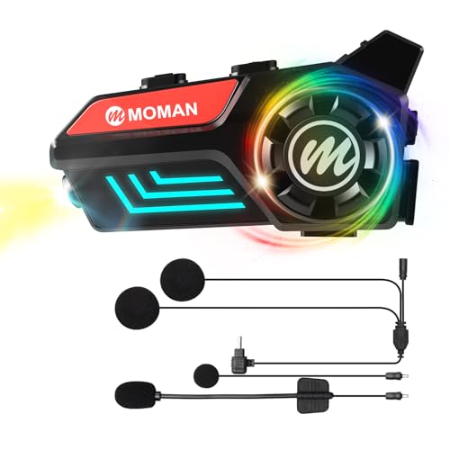 Moman Auriculares Moto, H4S con【LED & RGB Luz】Casco de Moto Auricular Inal&aacute;mbrico con Dise&ntilde;o de Rueda para Una Sola Persona Inal&aacute;mbrica 5.3 Impermeable IPX6, Auriculares-Moto-Headset-Casco-Motocicleta