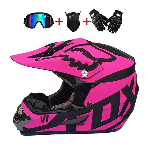 WAHA Casco De Motocross,Casco Motocross Infantil y Adultos con Gafas M&aacute;scara Guantes,Cascos de Cross Motocicleta,Cascos Integrales para Hombres Mujeres,Rosa Negro,S