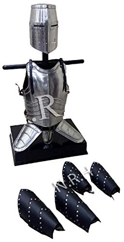 Réplica Náutica Hub Medieval Crusader Knight Templario Casco y Peto Templario Chaqueta de cuero de la pierna Guardias del brazo de cuerpo completo