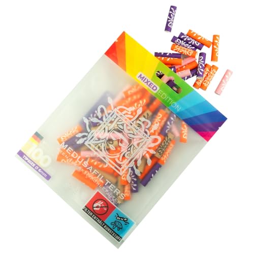 Medusafilters 100 filtros de carb&oacute;n activo de 6 mm de di&aacute;metro, tama&ntilde;o de la punta, con tapas de fibra vegana y carb&oacute;n activo de c&aacute;scara de coco para fumar m&aacute;s agradable y menos contaminante (MIXED)