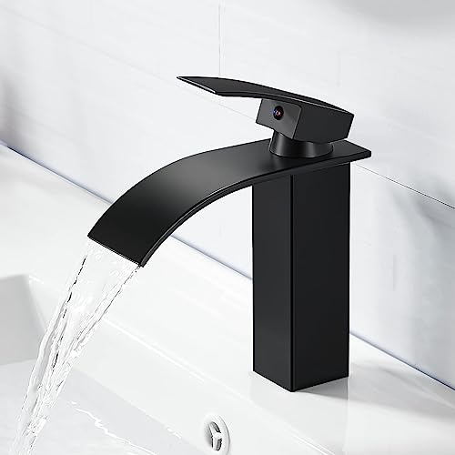 kisimixer Grifo de Lavabo Cascada Negro Moderno, Grifo de Ba&ntilde;o Cascada con Prima Valvula de Ceramica, Mezclador Monomando Lavabo de Lat&oacute;n, Dise&ntilde;o de cascada, Agua Fria y Caliente Disponible