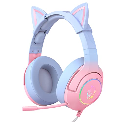 PHNIXGAM Auriculares de Juego para PS4, PS5, Xbox One (sin Adaptador), Auriculares de Oreja de Gato con micr&oacute;fono con cancelaci&oacute;n de Ruido, RGB, Sonido Envolvente para PC, tel&eacute;fono m&oacute;vil,Rosa Azul