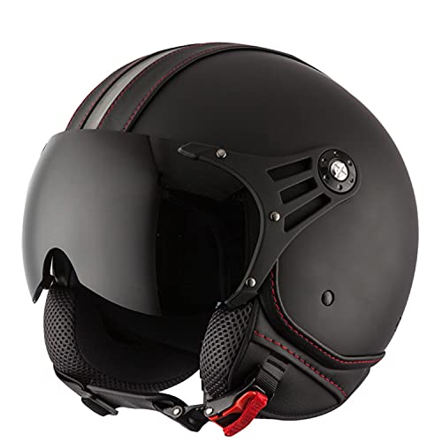 Casco de Moto Retro Medio Cuero De PU Abierto con Gafas de Aviador Cascos Jet Vintage Cruiser Unisex Moto Scooter Medio Casco Jet Estilo Alem&aacute;n ECE Homologado E,M