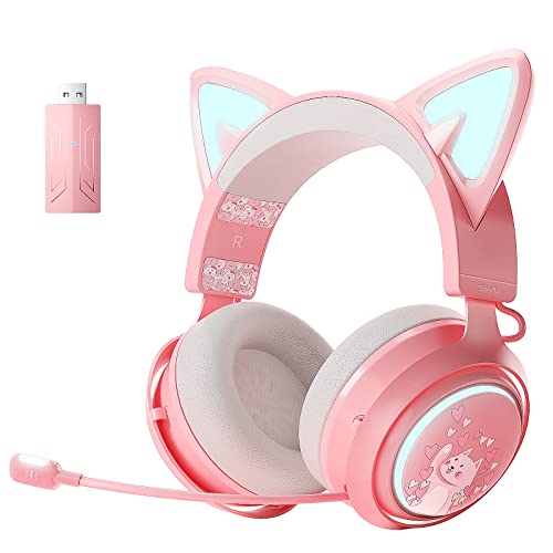 SOMIC Auriculares con Orejas de Gato, Auriculares inal&aacute;mbricos para Juegos de 2,4 GHz para PS4, PS5, PC, Auriculares Bluetooth para tel&eacute;fonos Inteligentes, iluminaci&oacute;n RGB, micr&oacute;fono retr&aacute;ctil