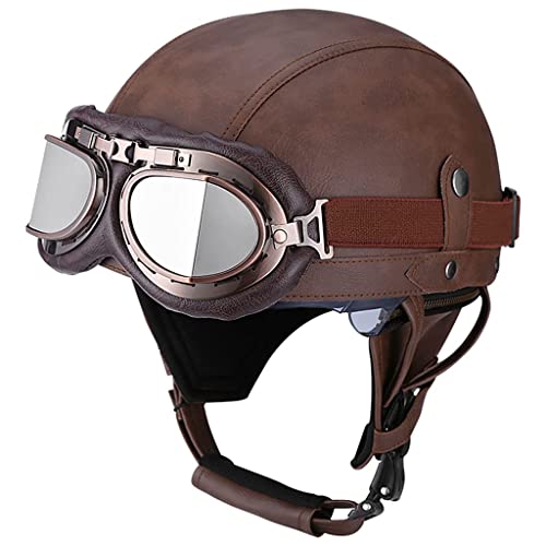 WRMIGN Casco de Moto Retro Medio Cuero De Abierto con Gafas de Aviador Cascos Jet Vintage Cruiser Unisex Moto Scooter Medio Casco Jet Estilo Alem&aacute;n ECE Homologado
