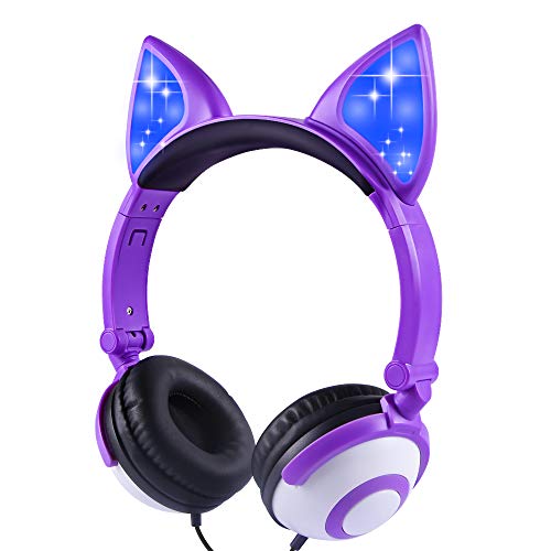 sunvito Auriculares Ni&ntilde;os Orejas de Gato - Cascos Ni&ntilde;a con luz LED, Plegables, Ligeros, con Cable de Audio de 3,5 mm para Smartphone, Tablet, Port&aacute;til, Ordenador