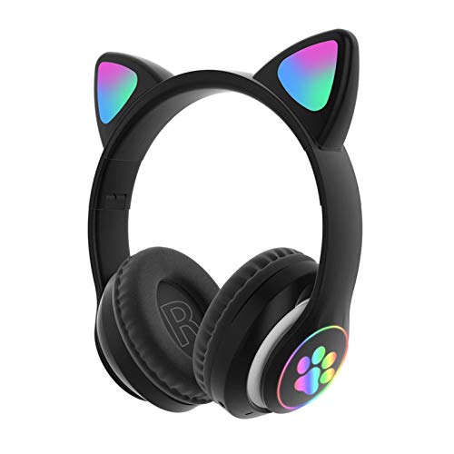 YHUS Casco de juego inalámbrico con orejas de gato, auriculares Bluetooth LED Light Cat Ear, auriculares plegables para niños y adultos, color negro