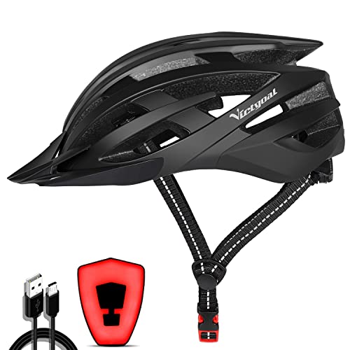 VICTGOAL Casco Bici con Seguridad LED Luz Trasera Casco de Monta&ntilde;a para Hombres Mujeres Casco de Bicicleta con Visera Desmontable Casco de Ciclismo (Negro)