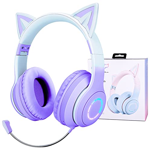 Auriculares inal&aacute;mbricos para ni&ntilde;os con luz LED, Cascos Gaming Bluetooth Orejas de Gato con Microfono para Ni&ntilde;a/Mujer Adulta, Compatibles con PC, PS4, PS5, M&oacute;vil(p&uacute;rpura)