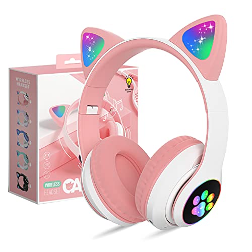 Auriculares Inalámbricos Bluetooth con Orejas de Gato para Niños,Plegable Ajustables Cascos Bluetooth con Micrófono y Luz LED para Niños y Niñas de Regalo de Cumpleaños de Navidad(Pink)