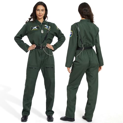 JONRRYIN Disfraz de Piloto de Caza, Traje de Piloto, Disfraz de Aviador con Accesorios para Adultos, Carnaval Aviador Mujer Hombre Uniforme para Fiestas Halloween Cosplay (S(165-175cm))