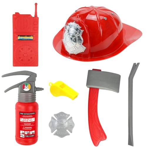 Accesorios de Bomberos, Traje de rol para ni&ntilde;os, Hacha, Casco de Bombero, extintor de Incendios, Insignia, Silbato, Palanca, buscapersonas, Juguete Bombero Accesorios Juegos para Ni&ntilde;os Ni&ntilde;as 7 pcs