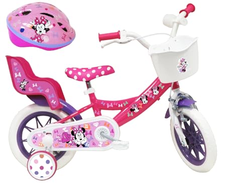 A.T.L.A.S. Bicicleta Infantil de 12 Pulgadas Minnie de Disney Equipada con 1 Freno, Cesta Delantera, Soporte para mu&ntilde;eca Trasera, Guardabarros + Casco Incluido ni&ntilde;a, Ni&ntilde;as, Rosa, 12''