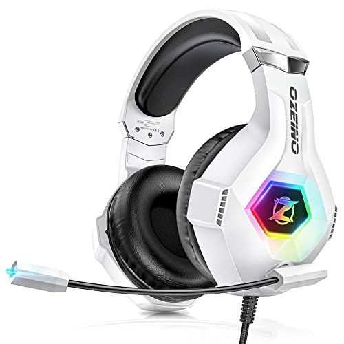Cascos Gaming con Micr&oacute;fono Suave, Luz RGB, Sonido Envolvente Claro, Orejeras Ligero C&oacute;modo Ajustable, Auriculares Gaming Blanco para PS5 PS4 PC Xbox One/X/S Switch Tableta