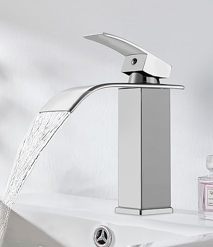 FAOKZE Grifo de lavabo cascada con Dise&ntilde;o Moderno, Ajustable para Agua Fr&iacute;a y Caliente, Acabado Cromado, V&aacute;lvula de Cer&aacute;mica.