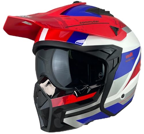 UNIK Helmets Casco Trial Talla M (57/58) Modelo Pluton Color Blanco y Rojo con Visor Solar 22.06 Desmontable