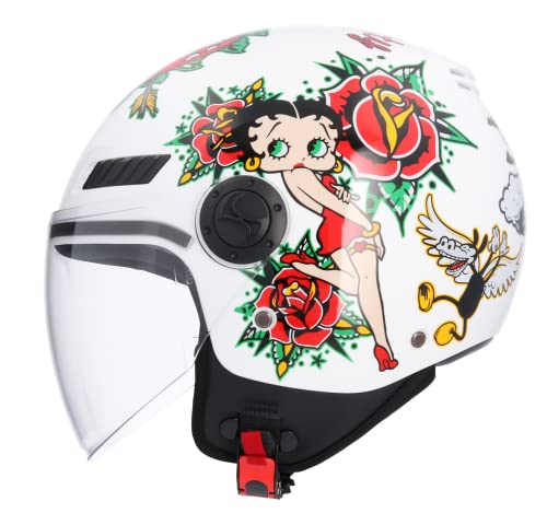 Casco Moto Jet ECE Homologado Casco La Betty Blanco Talla M (57/58) Casco de Moto para Hombre Casco Mujer