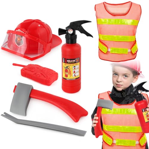 BSNRDX Disfraz de Bombero para Ni&ntilde;os 6pcs de Accesorios de Juguete de rol de Cosplay de Jefe de Bomberos, Incluye Extintor de Incendios de Juguete, Casco de Bombero, Juguetes de Bombero para Carnaval