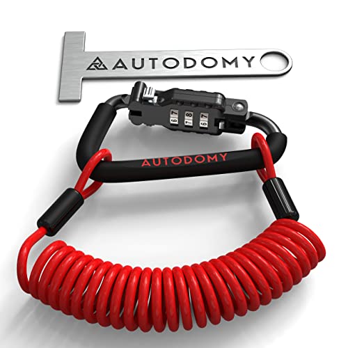 Autodomy Candado Casco Moto - Antirrobo Casco Moto - Mosquet&oacute;n con C&oacute;digo de Seguridad + Cable de Acero Flexible + Adaptador T - Accesorio de Bloqueo para Moto