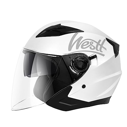 Westt Casco de Moto con Visera y Parasol para Hombres y Mujeres, Casco de Scooter ciclomotor Chopper Moto de Media Cara piloto, Certificado ECE Dot, Blanco met&aacute;lico, XL (59-60 cm)