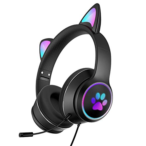 QOTSTEOS Auriculares de oreja de gato, ligeros auriculares para juegos con cable y luz LED, sonido est&eacute;reo plegable con micr&oacute;fono y cable de audio 3.5 para tel&eacute;fono m&oacute;vil/tableta/ordenador port&aacute;til/PC