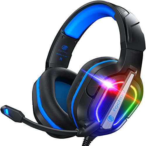 Fachixy 「2024 New」 FC200 Cascos Gaming para PS4/PS5/PC/Xbox One/Switch, Auriculares Gaming Cancelaci&oacute;n de Ruido, Cascos con Microfono Est&eacute;reo Sonido, Cascos PS4 con 3.5mm Jack con Luz RGB (Azul)