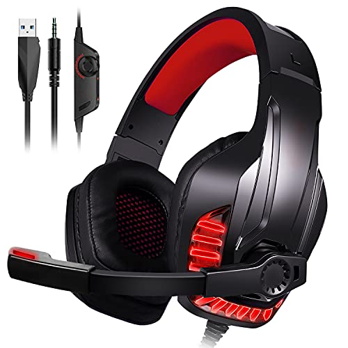 Galopar Auriculares Gaming para PS4, PC, Xbox One, Cascos Ruido Reducción de Diademas Cerrados Profesional con Micrófono Limpio Sonido 3.5mm - Rojo