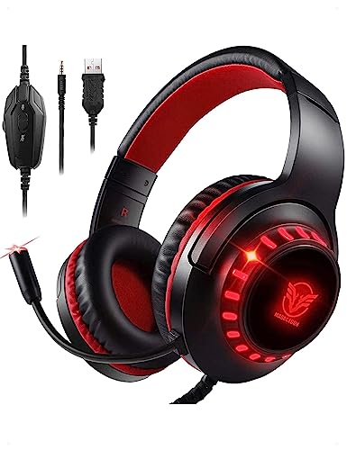 Pacrate Cascos Gaming para PS4/PS5/Xbox One/Nintendo Switch/PC, Auriculares Gaming con Microfono Cascos PS4 con Sonido Envolvente Est&eacute;reo, Cascos Gamer con Cancelaci&oacute;n de Ruido, Luz LED, Rojo