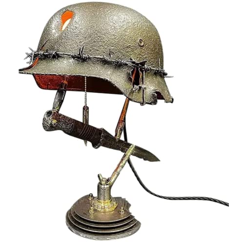 Lámpara de reliquia de guerra，Casco Retro De La Segunda Guerra Mundial，Soldier's Casco Bayonetas y Balas Art Light，regalo perfecto para un fanático militar (D Sin luz)