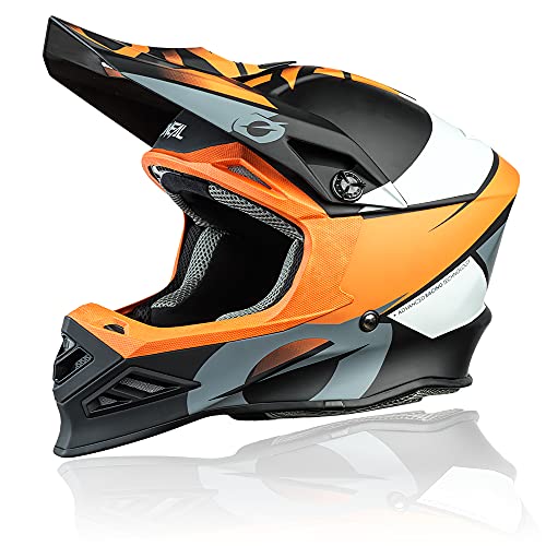 O'NEAL | Casco de Motocross | MX Enduro Motocicleta | Airflaps&trade; Compatible, Forro Acolchado Coolmax, Cierre de Seguridad Doble-D | F-SRS Helmet Glitch | Adultos | Naranja Negra | Talla S
