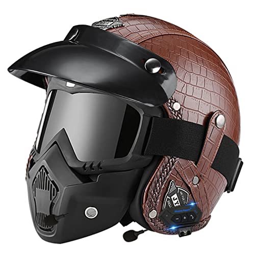3/4 Vintage Cascos Abiertos De Moto Bluetooth Half-Helmet Para Hombres Y Mujeres Jet Casco De Motocicleta Con Visera Mascarilla Protectora Retro Medio Casco ECE Homologado 3,M:57-58CM
