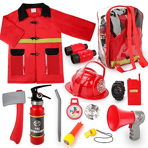 deAO Disfraz de Bombero Juego Infantil de Imitaci&oacute;n Conjunto Incluye Uniforme, 12 Accesorios de Bombero, Extintor con Funci&oacute;n de Agua Real y Mochila para Almacenaje