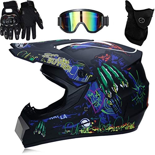 Bonbela Casco profesional de motocross para ni&ntilde;os y adultos, motocross, todoterreno, con gafas protectoras, guantes, cubierta facial