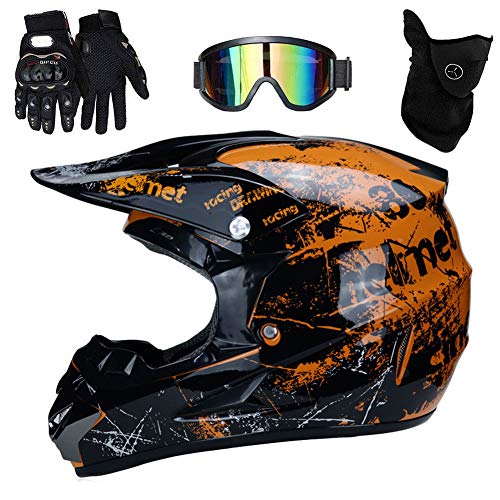 UIGJIOG Casco De Motocross Naranja Floral, para Hombre, con Gafas, Guantes De M&aacute;scara (4 Unidades), para Adulto, Moto, Deporte, Mujer, Hombre, Descenso, ATV, MTB, Quad, Bicicleta,Naranja,S(52~53cm)
