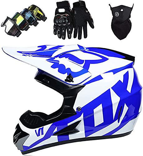Casco de motocicleta de cara completa, conjunto de casco de motocross para adultos, jóvenes y niños, guantes y gafas, casco de moto de cross eléctrico para motocicletas todoterreno, azul blanco