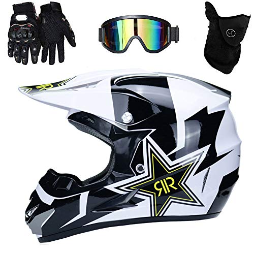 UIGJIOG Casco de Motocross,Casco de Cross de Moto Jet con Gafas M&aacute;scara Guantes,Deportes de Motos Off-Road Racing Downhill Enduro Casco ATV MTB BMX Quad Cascos de Motocicleta,Blanco,M(54~55cm)