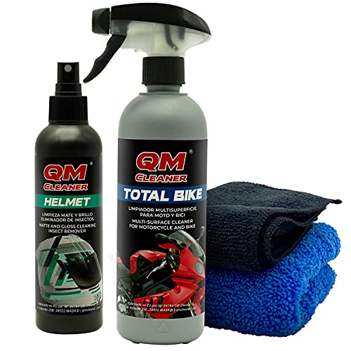 QM Cleaner – Kit Moto y Casco | Para la Limpieza y Cuidado de la Moto y Casco - Incluye Producto Total Bike 500ml, Helmet Insect Remover 200ml y 2 Microfibras