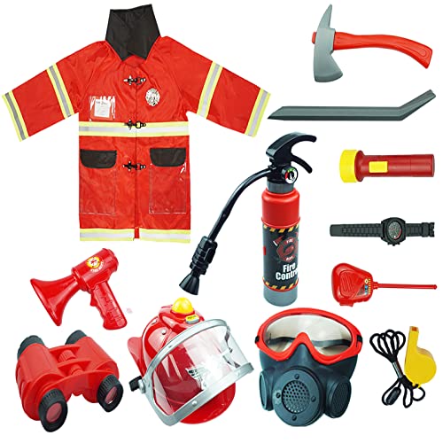 RedCrab Disfraz Bombero para Niños con 12 Accesorios Disfraz de Bomberos Extintor de Juguete Bueno para Cosplay Carnaval 3 4 5 6 7 8 9 10 Años