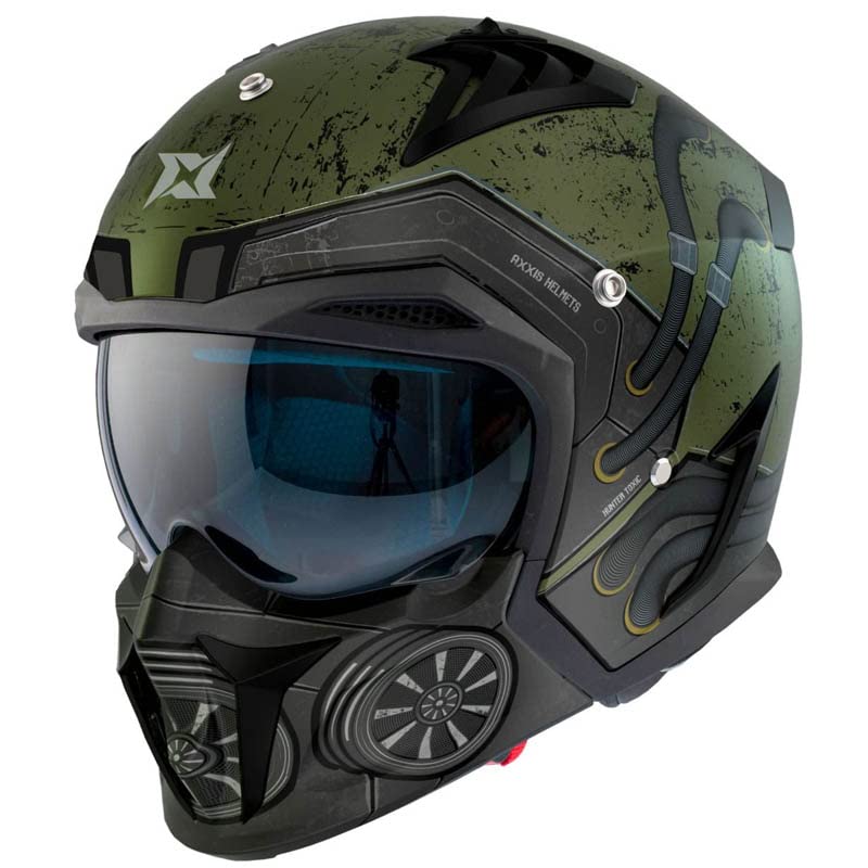 AXXIS Hunter SV - Toxic C6 Matt Green | Casco de Moto Integral Jet Custom Caf&eacute; Racer con Mentonera extra&iacute;ble para Hombre y Mujer | Homologado ECE (M)