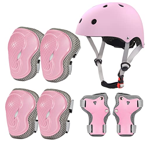 LANOVAGEAR Casco Set de Protección para niños Protección Infantil Consta de Casco Ajustable Coderas Rodilleras Muñequeras para Patinaje Skateboard Bicicleta Ciclismo monopatín Roller Skate (XS, Rosa)