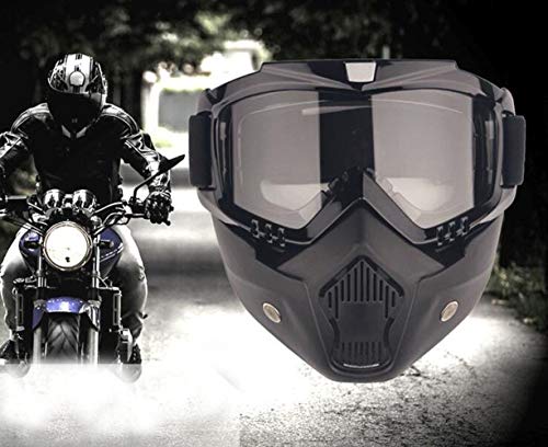 AOI Máscara de Gafas de Moto con máscara extraíble, máscara de Motocross para Motocicletas con Gafas extraíbles y Filtro de Boca para Cascos Antiguos (Montura Negra, Lentes Grises)
