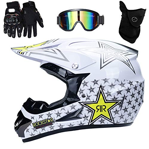 UIGJIOG Casco Motocross Ni&ntilde;o,Adulto Casco Motocross Enduro MTB con Gafas/M&aacute;scara/Guantes, Casco Cross Quad Off Road ATV Scooter,Blanco,XL(58~59cm)