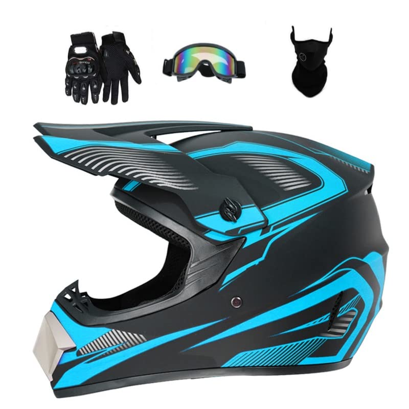 Senhill Casco Motocross Casco Offroad ATV Casco Dot Casco Dirt Bike Unisex Joven Casco de Moto con Guantes Gafas M&aacute;scara (Azul Cielo, L)